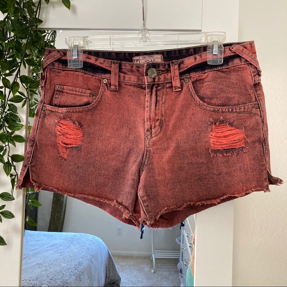 Free People Distressed acid wash sunset red shorts